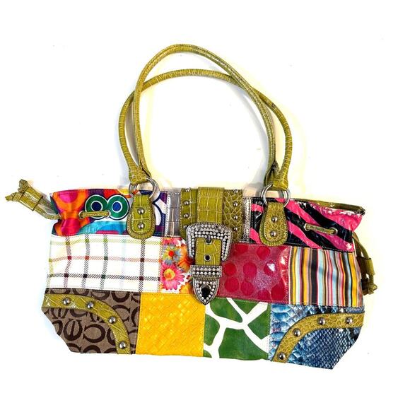 Y2K Multicolor Patchwork Purse Rhinestone Buckle Bag Croc Trim Retro Tote Boho - Picture 1 of 7